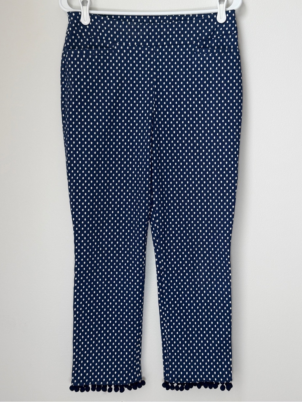 Chicos Crop‎ Pants 0.5 Women's Blue White Polka Dot Tassel Hem Pull On Stretch